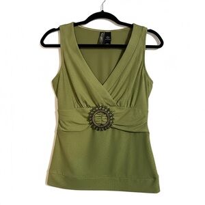 Bisou Bisou Vintage Y2K Olive Green Sparkle Sleeveless Blouse – Size M